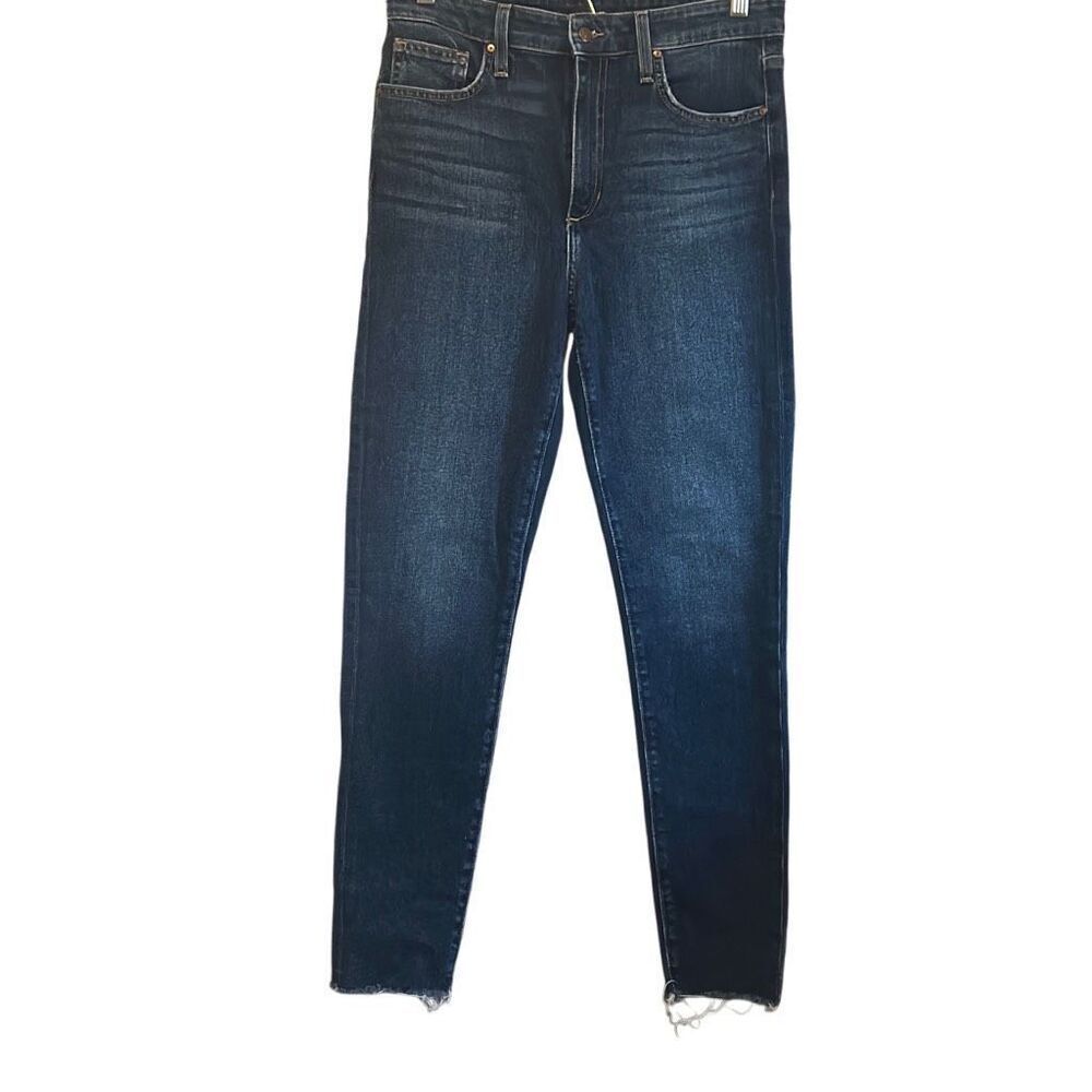 Dark Wash High Rise Skinny Jeans Frayed Hem Casual Everyday Style‎